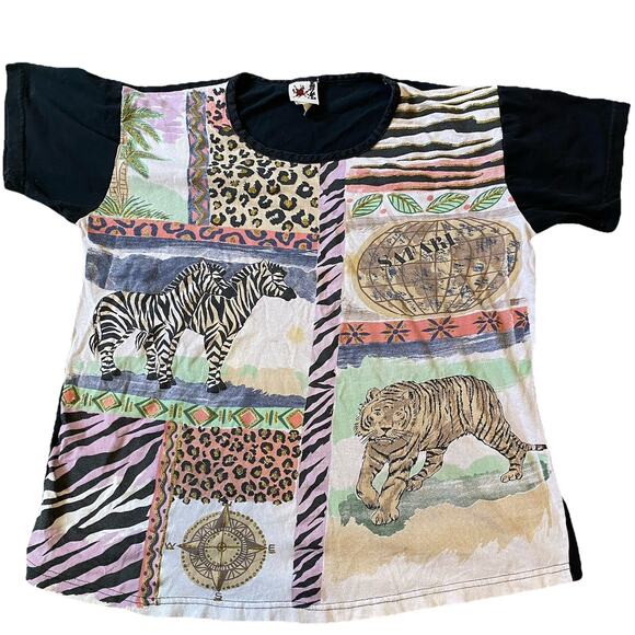VTG90s EZE TShirt UnisexAdult M/L Black Safari AnimalsPrint Cotton USAMade Wacky - Picture 1 of 8